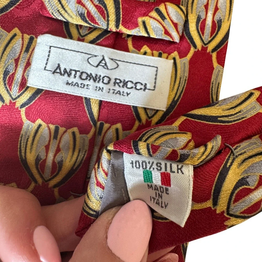 Antonio Ricci Silk Tie Red Gold Geometric Abstract Made in Italy Men Necktie Vtg
